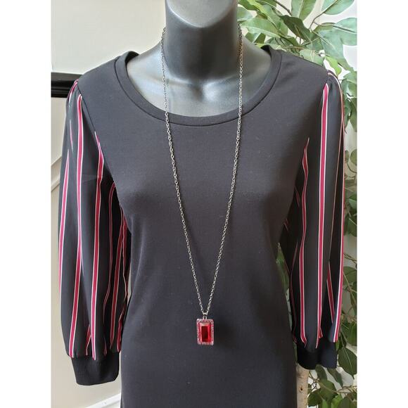 Luxology Knee Length Shift Dress Womens Small Black Striped Cotton Round Neck - Picture 9 of 11